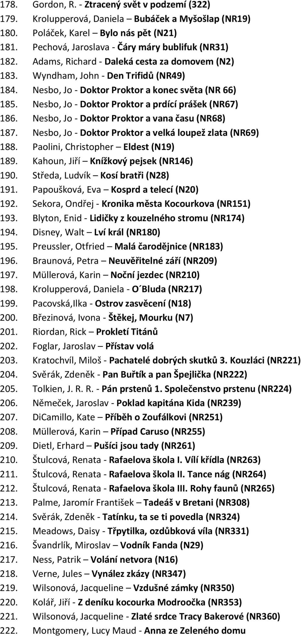 Nesbo, Jo - Doktor Proktor a vana času (NR68) 187. Nesbo, Jo - Doktor Proktor a velká loupež zlata (NR69) 188. Paolini, Christopher Eldest (N19) 189. Kahoun, Jiří Knížkový pejsek (NR146) 190.