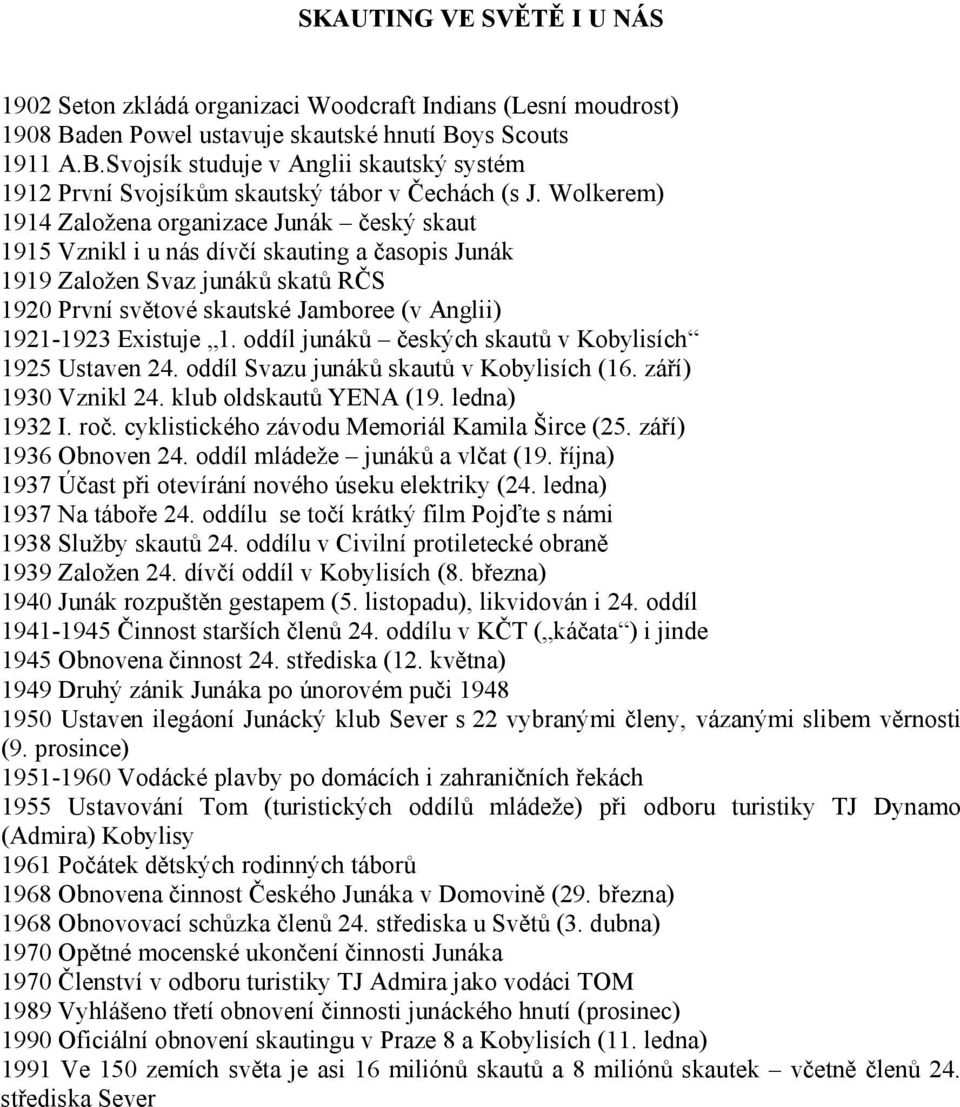 Existuje 1. oddíl junáků českých skautů v Kobylisích 1925 Ustaven 24. oddíl Svazu junáků skautů v Kobylisích (16. září) 1930 Vznikl 24. klub oldskautů YENA (19. ledna) 1932 I. roč.