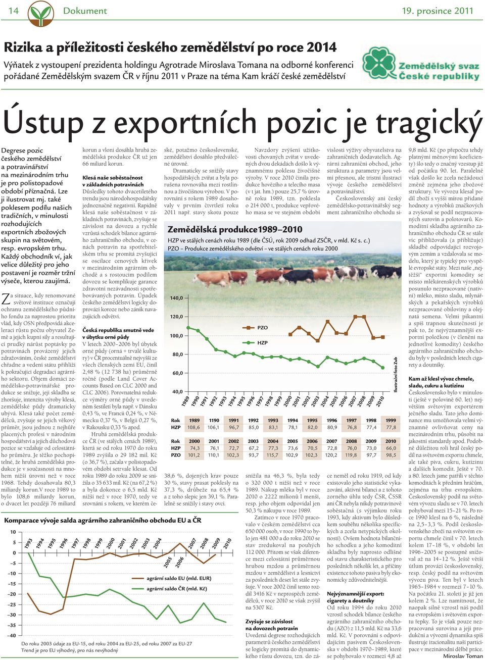 2011 v Praze na téma Kam kráčí české zemědělství Ústup z exportních pozic je tragický Degrese pozic českého zemědělství a potravinářství na mezinárodním trhu je pro polistopadové období příznačná.