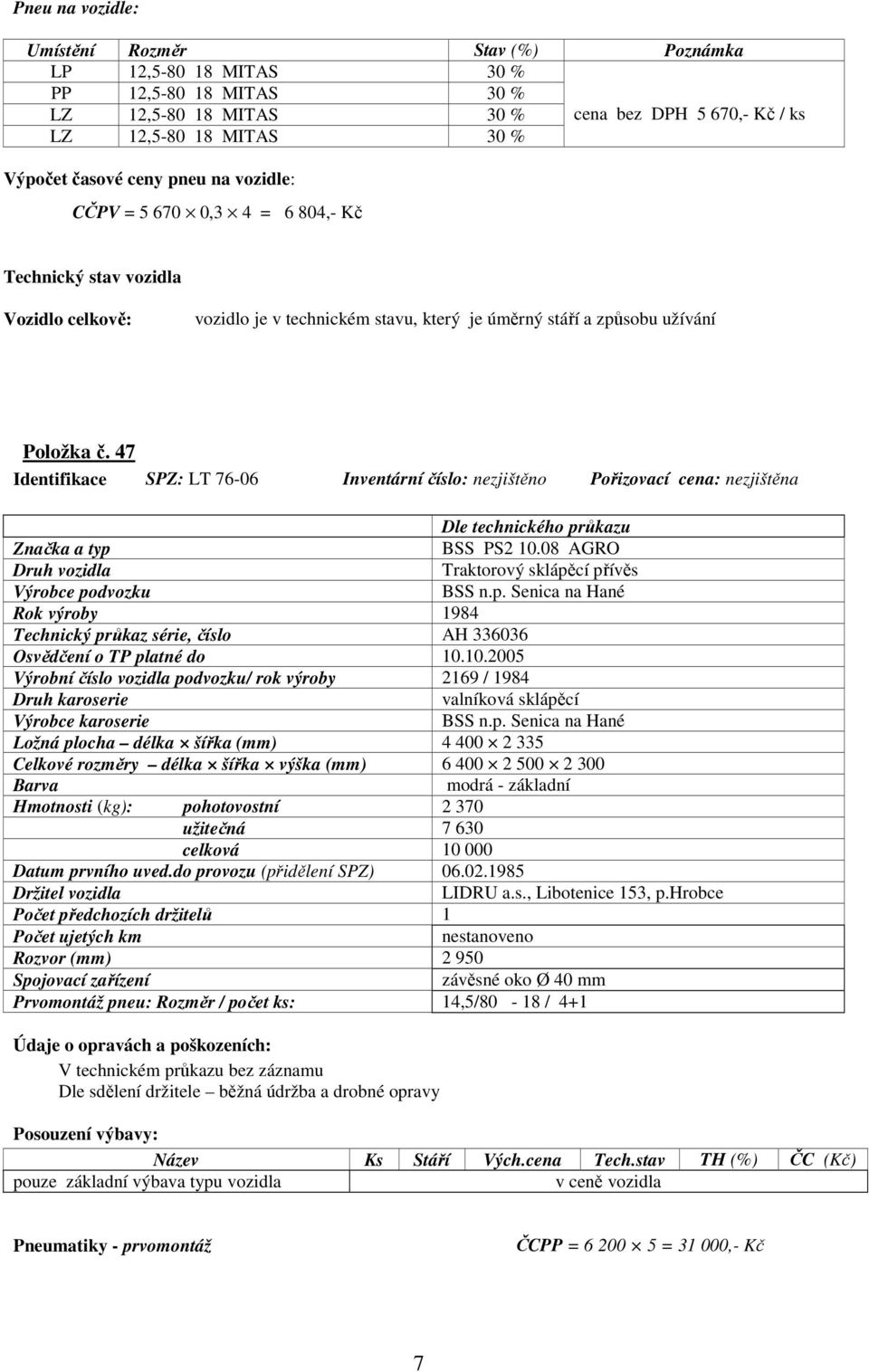 47 Identifikace SPZ: LT 76-06 Inventární číslo: nezjištěno Pořizovací cena: nezjištěna Dle technického průkazu Značka a typ BSS PS2 10.