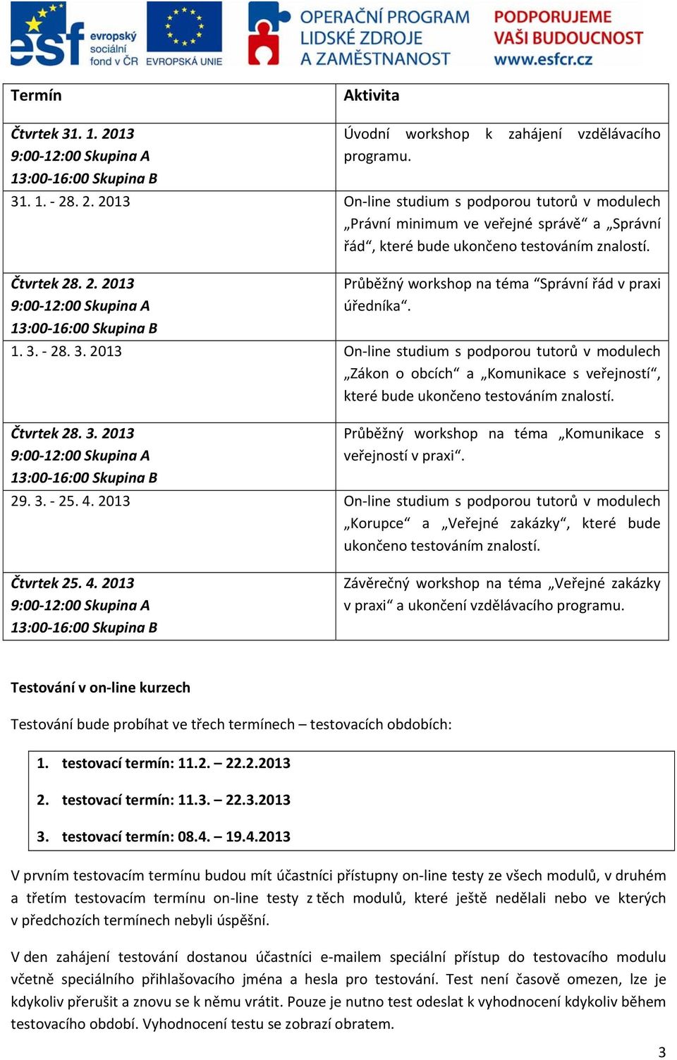 28. 3. 2013 On line studium s podporou tutorů v modulech Zákon o obcích a Komunikace s veřejností, které bude ukončeno testováním znalostí. Čtvrtek 28. 3. 2013 Průběžný workshop na téma Komunikace s veřejností v praxi.