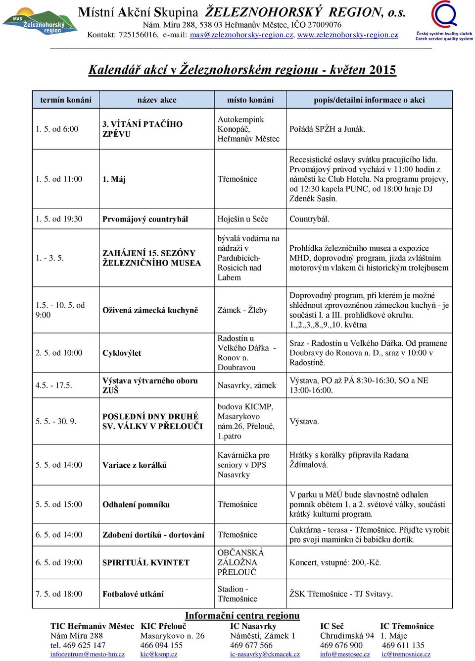 Na programu projevy, od 12:30 kapela PUNC, od 18:00 hraje DJ Zdeněk Sasín. 1. 5. od 19:30 Prvomájový countrybál Hoješín u Seče Countrybál. 1. - 3. 5. ZAHÁJENÍ 15.