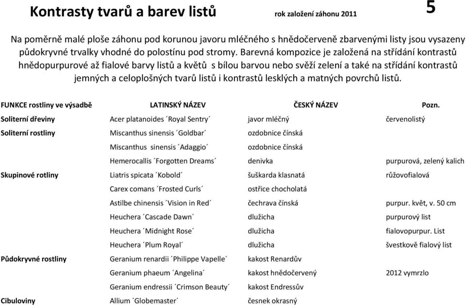 Barevná kompozice je založená na střídání kontrastů hnědopurpurové až fialové barvy listů a květů s bílou barvou nebo svěží zelení a také na střídání kontrastů jemných a celoplošných tvarů listů i