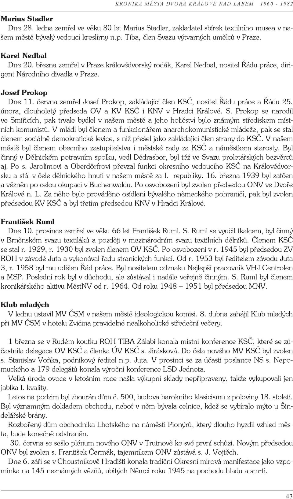 června zemřel Josef Prokop, zakládající člen KSČ, nositel Řádu práce a Řádu 25. února, dlouholetý předseda OV a KV KSČ i KNV v Hradci Králové. S.