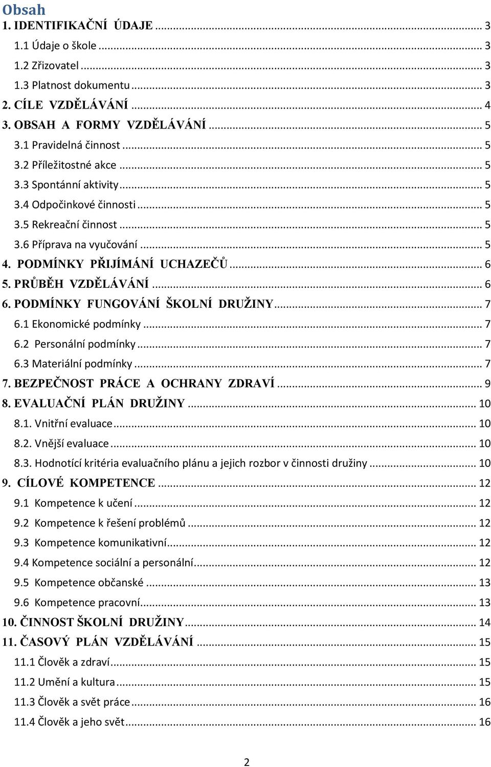 PODMÍNKY FUNGOVÁNÍ ŠKOLNÍ DRUŽINY... 7 6.1 Ekonomické podmínky... 7 6.2 Personální podmínky... 7 6.3 Materiální podmínky... 7 7. BEZPEČNOST PRÁCE A OCHRANY ZDRAVÍ... 9 8. EVALUAČNÍ PLÁN DRUŽINY... 10 8.