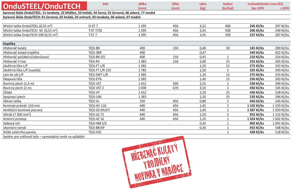 taška OnduTECH 50 (0,55 m²) T-ST 7/50 1 395 456 2,45 500 206 Kč/ks 249 Kč/ks Střešní taška OnduTECH 100 (0,55 m²) T-ST 7 1 395 456 2,45 500 237 Kč/ks 287 Kč/ks Hřebenáč kulatý T(O)-BR 400 150 0,40 50