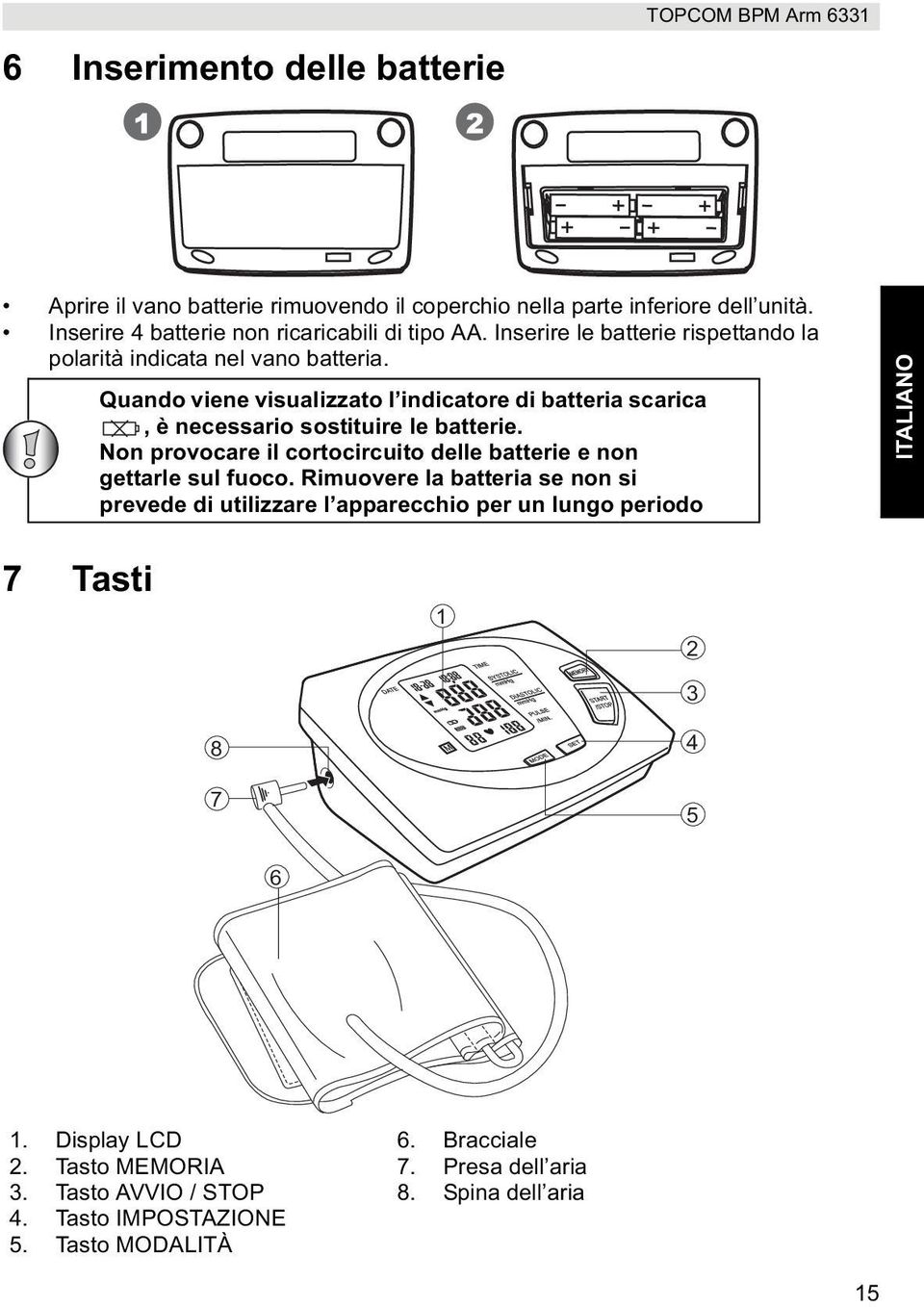 Quando viene visualizzato l indicatore di batteria scarica, è necessario sostituire le batterie. Non provocare il cortocircuito delle batterie e non gettarle sul fuoco.