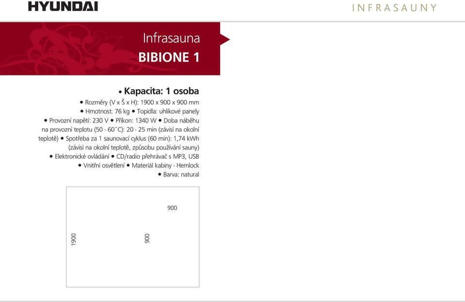 teplotě) Spotřeba za 1 saunovacícyklus (60 min): 1,74 kwh Elektronické