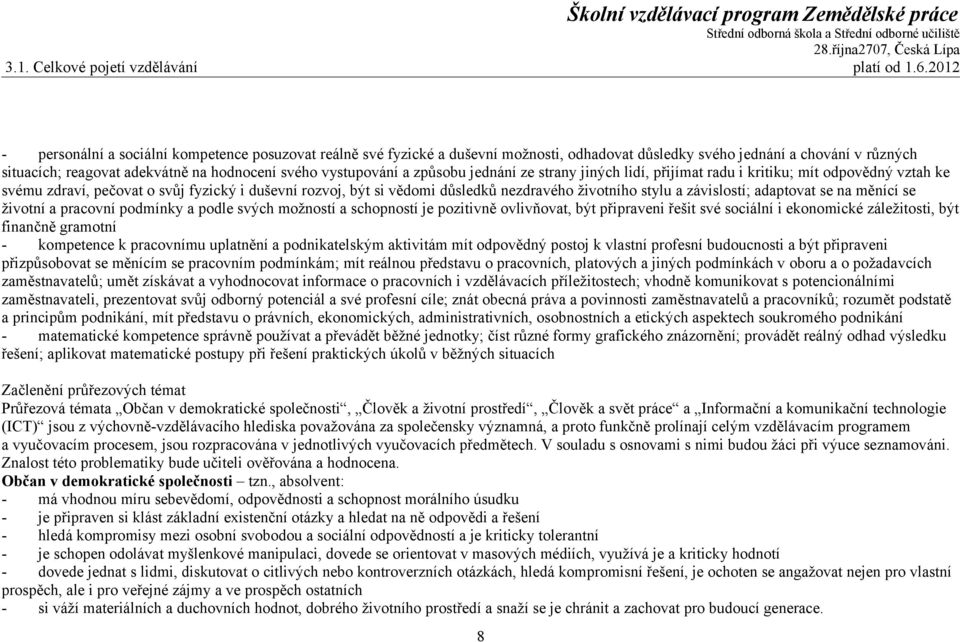 vystupování a způsobu jednání ze strany jiných lidí, přijímat radu i kritiku; mít odpovědný vztah ke svému zdraví, pečovat o svůj fyzický i duševní rozvoj, být si vědomi důsledků nezdravého životního