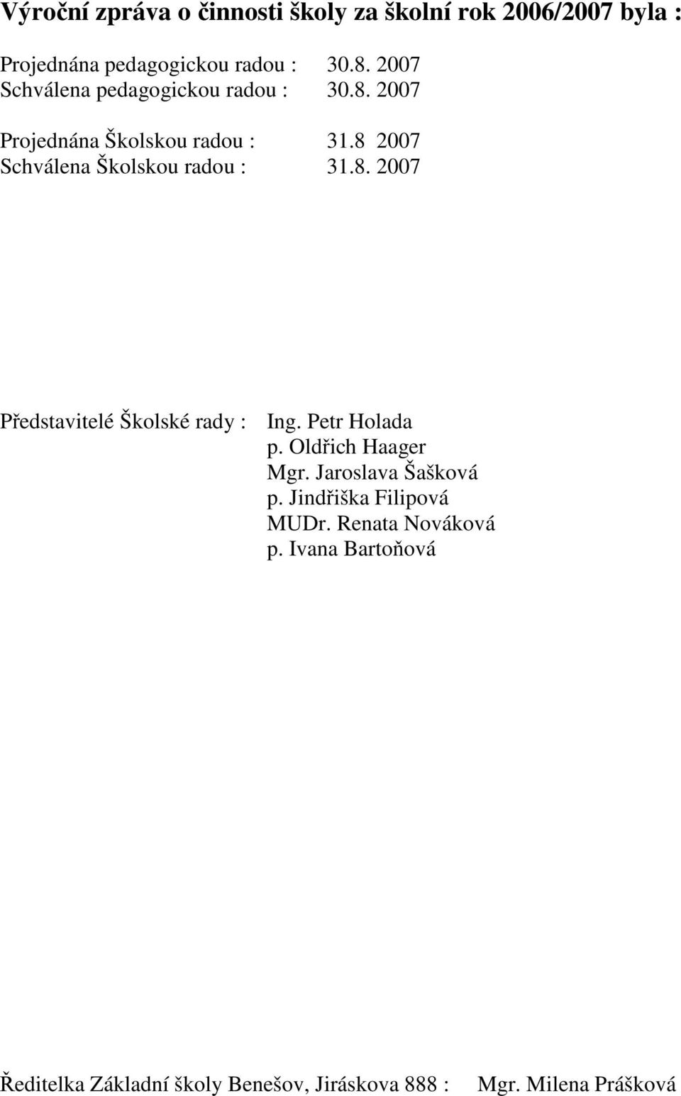 8 2007 Schválena Školskou radou : 31.8. 2007 Představitelé Školské rady : Ing. Petr Holada p.