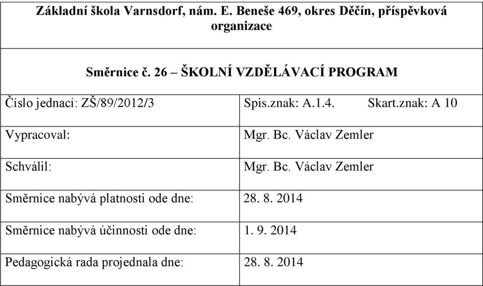 znak: A 10 Vypracoval: Schválil: gr. Bc. Václav emler gr. Bc. Václav emler Směrnice nabývá platnosti ode dne: 28.