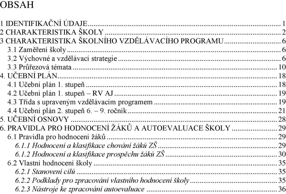 UČEBNÍ OSNOVY... 28 6. PRAVILA PRO HONOCENÍ ŽÁKŮ A AUTOEVALUACE ŠKOLY... 29 6.1 Pravidla pro hodnocení žáků... 29 6.1.1 Hodnocení a klasifikace chování žáků Š... 29 6.1.2 Hodnocení a klasifikace prospěchu žáků Š.