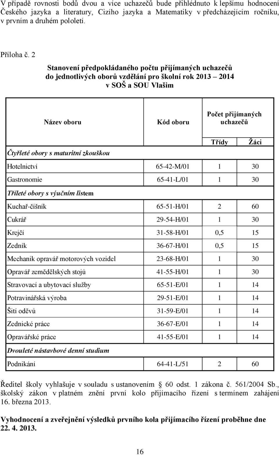 2 Stanovení předpokládaného počtu přijímaných uchazečů do jednotlivých oborů vzdělání pro školní rok 2013 2014 v SOŠ a SOU Vlašim Název oboru Kód oboru Počet přijímaných uchazečů Třídy Žáci Čtyřleté