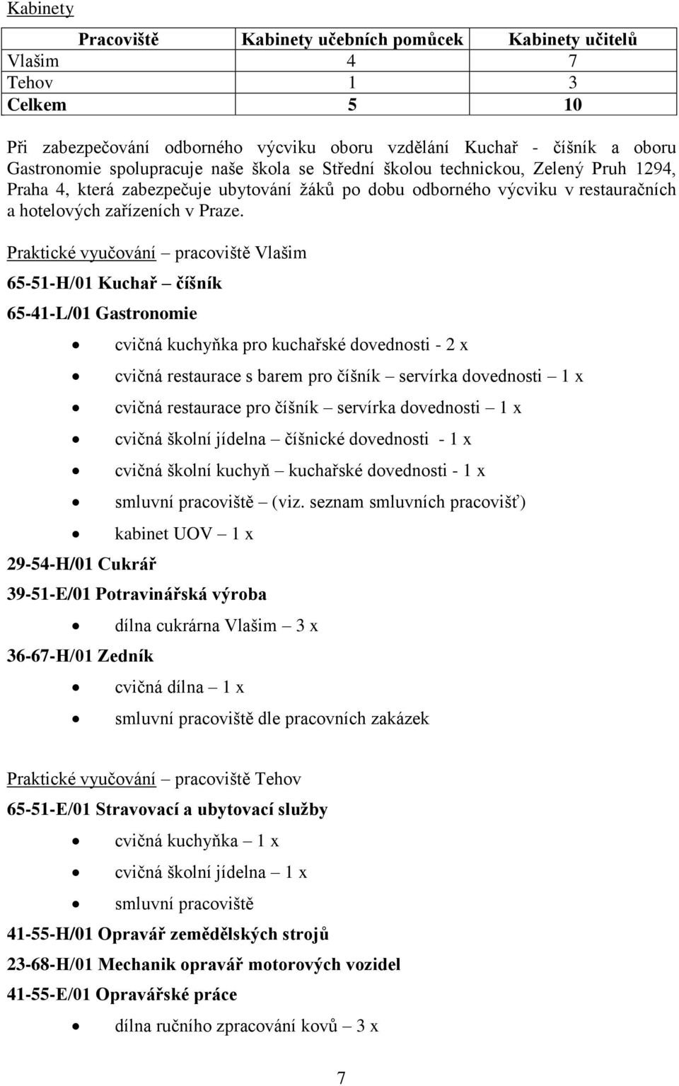 Praktické vyučování pracoviště Vlašim 65-51-H/01 Kuchař číšník 65-41-L/01 Gastronomie 29-54-H/01 Cukrář cvičná kuchyňka pro kuchařské dovednosti - 2 x cvičná restaurace s barem pro číšník servírka