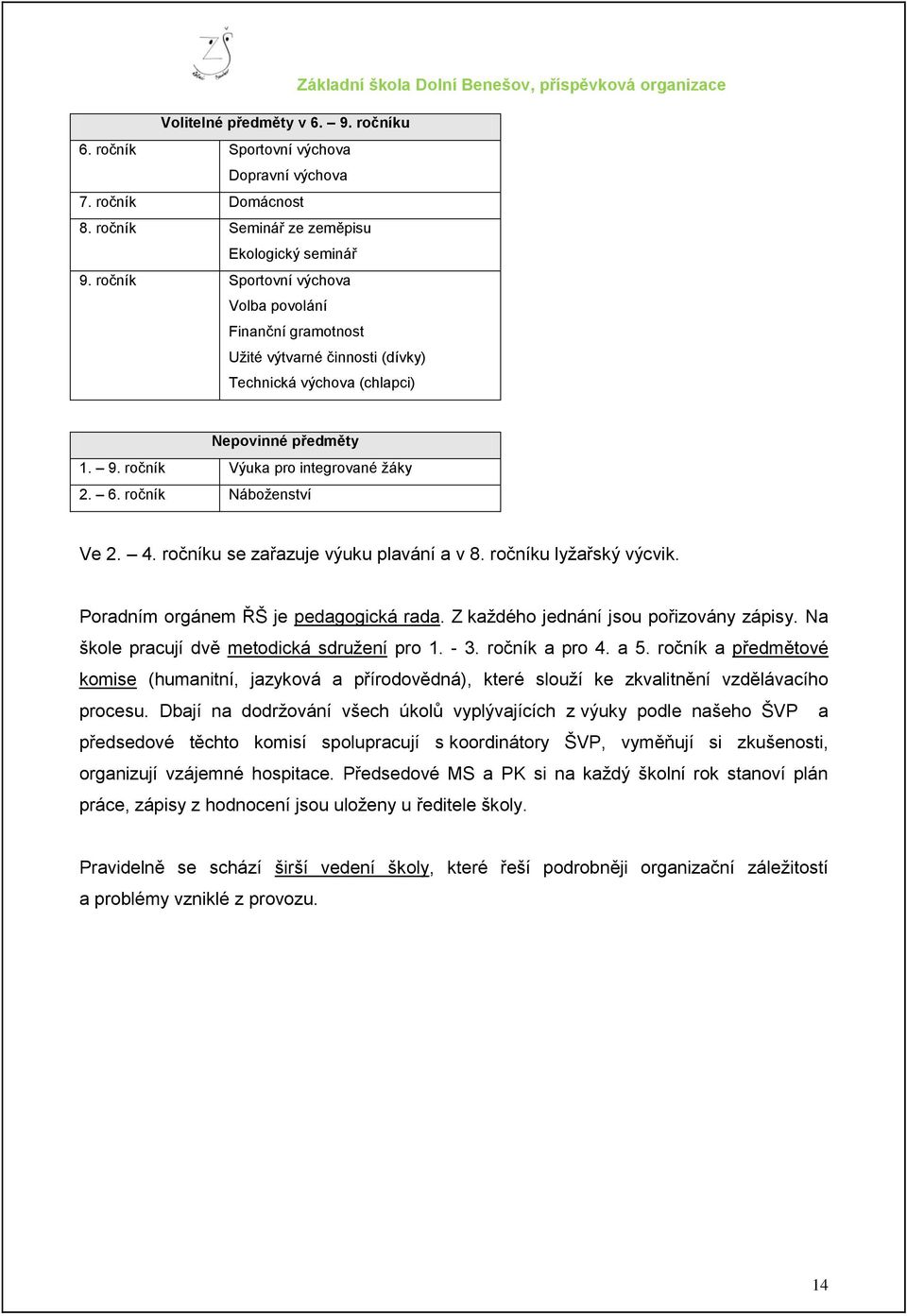 ročník Náboţenství Ve 2. 4. ročníku se zařazuje výuku plavání a v 8. ročníku lyţařský výcvik. Poradním orgánem ŘŠ je pedagogická rada. Z kaţdého jednání jsou pořizovány zápisy.