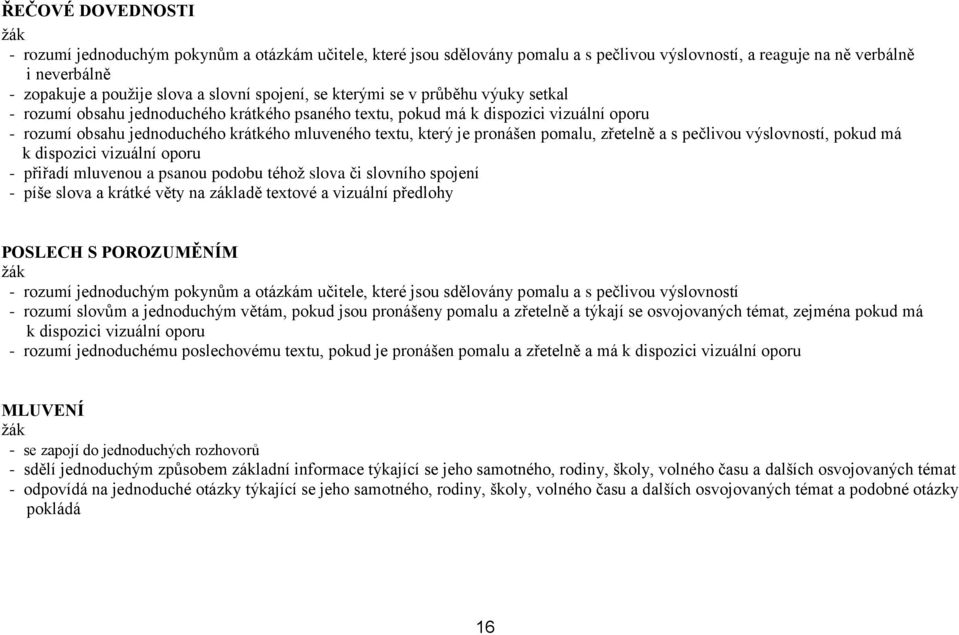 pronášen pomalu, zřetelně a s pečlivou výslovností, pokud má k dispozici vizuální oporu - přiřadí mluvenou a psanou podobu téhož slova či slovního spojení - píše slova a krátké věty na základě