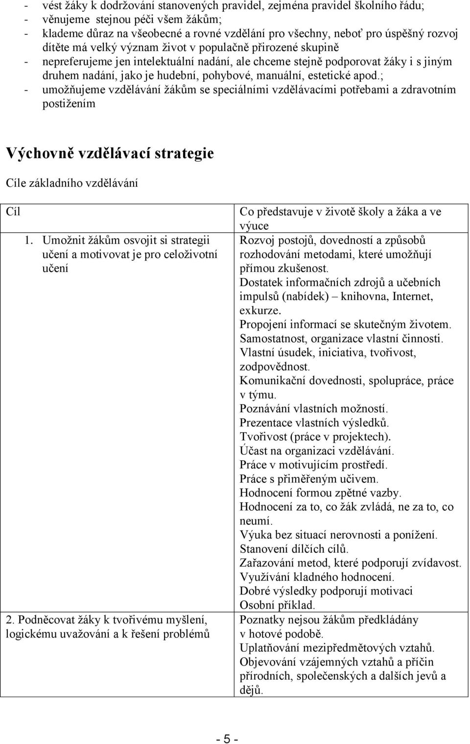 estetické apod.; - umožňujeme vzdělávání žákům se speciálními vzdělávacími potřebami a zdravotním postižením Výchovně vzdělávací strategie Cíle základního vzdělávání Cíl 1.