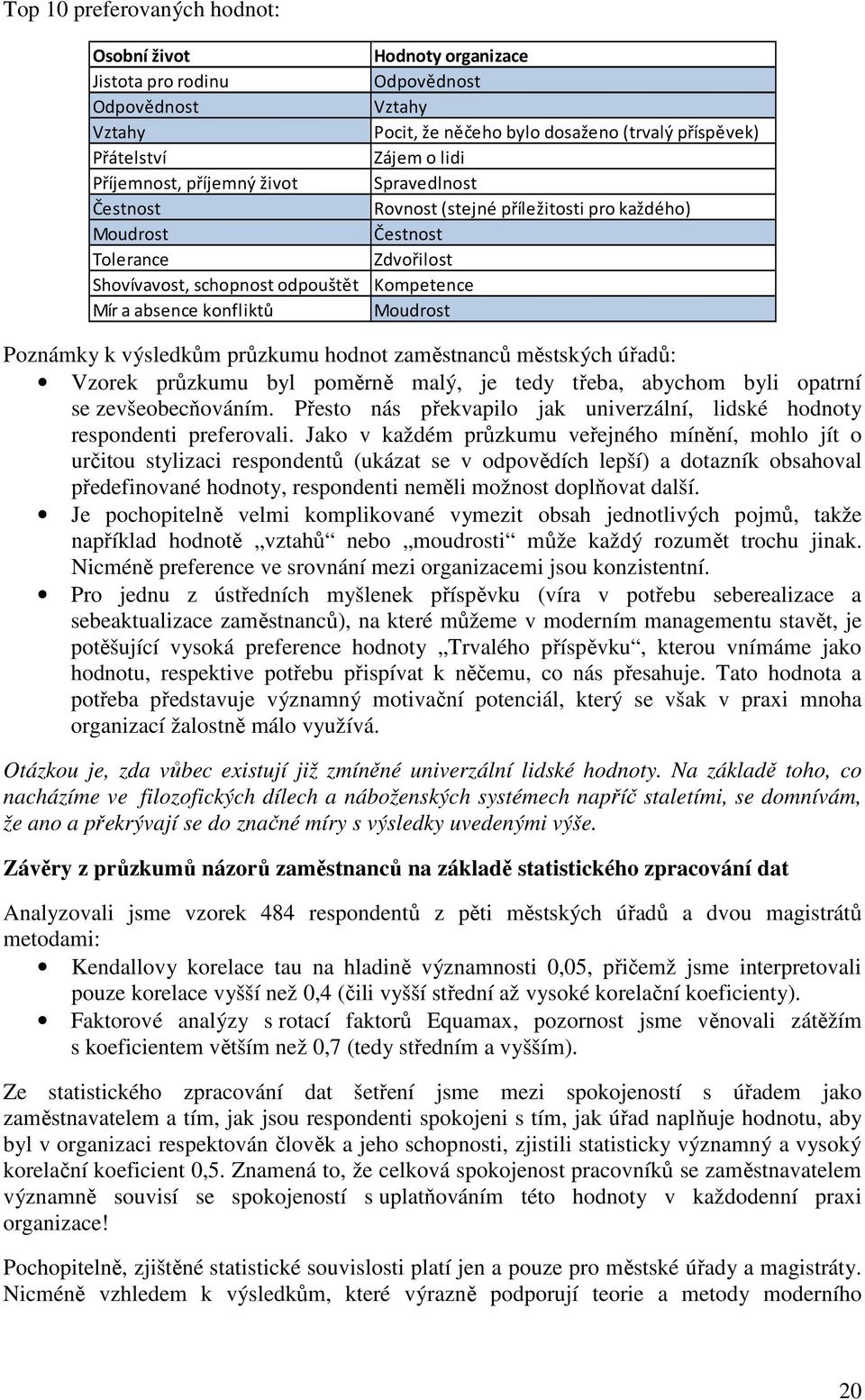 Moudrost Poznámky k výsledkům průzkumu hodnot zaměstnanců městských úřadů: Vzorek průzkumu byl poměrně malý, je tedy třeba, abychom byli opatrní se zevšeobecňováním.