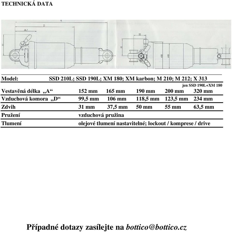 mm 123,5 mm 234 mm Zdvih 31 mm 37,5 mm 50 mm 55 mm 63,5 mm Pružení Tlumení vzduchová pružina