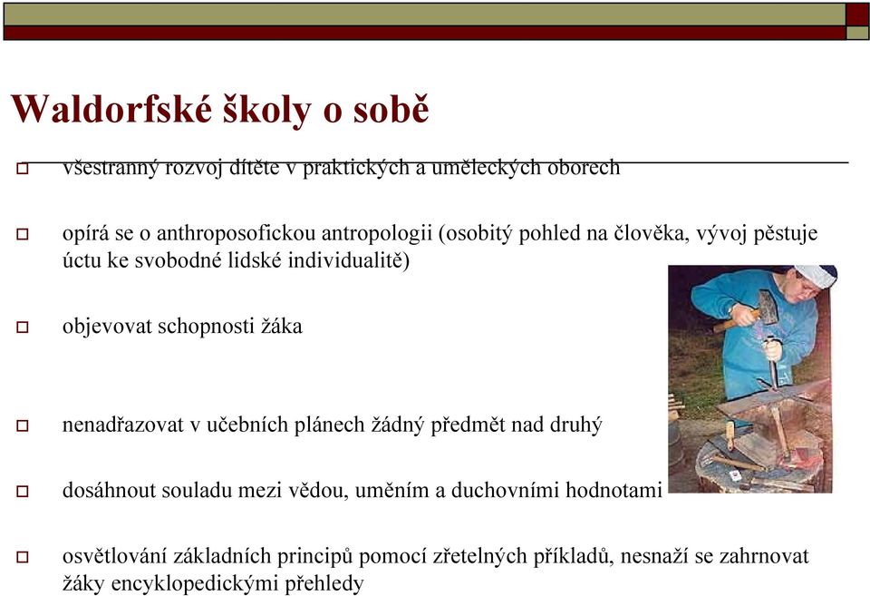 ţáka nenadřazovat v učebních plánech ţádný předmět nad druhý dosáhnout souladu mezi vědou, uměním a duchovními