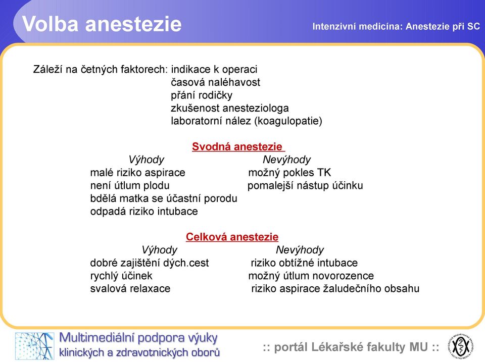 pomalejší nástup účinku bdělá matka se účastní porodu odpadá riziko intubace Celková anestezie Výhody Nevýhody dobré