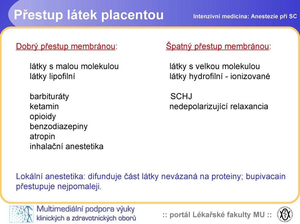 membránou: látky s velkou molekulou látky hydrofilní - ionizované SCHJ nedepolarizující