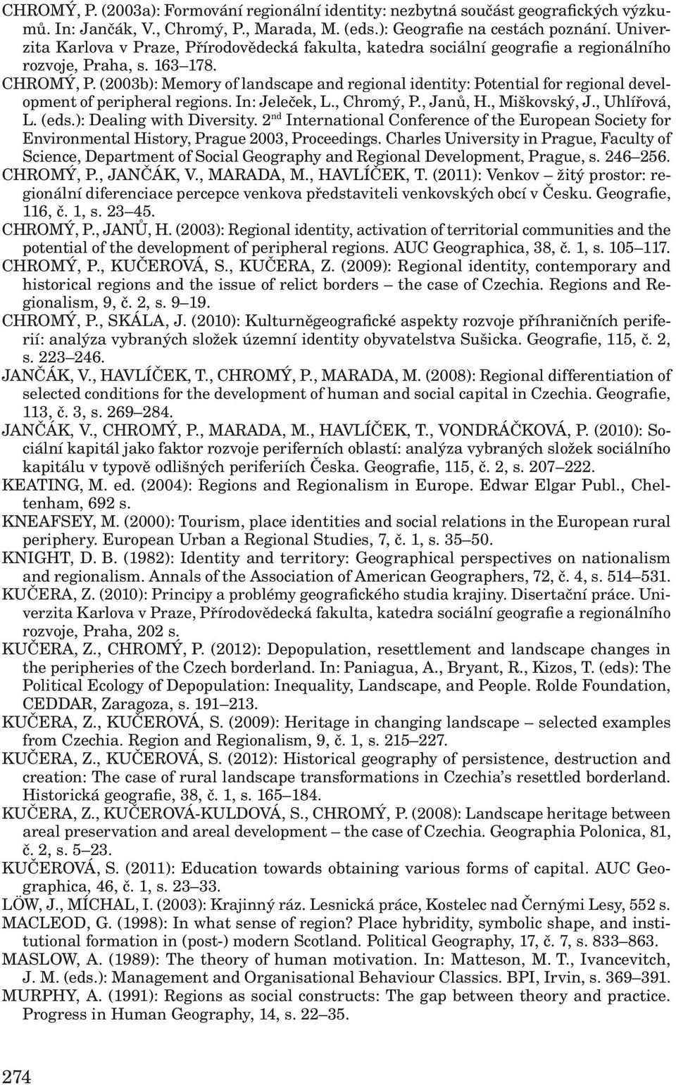 (2003b): Memory of landscape and regional identity: Potential for regional development of peripheral regions. In: Jeleček, L., Chromý, P., Janů, H., Miškovský, J., Uhlířová, L. (eds.