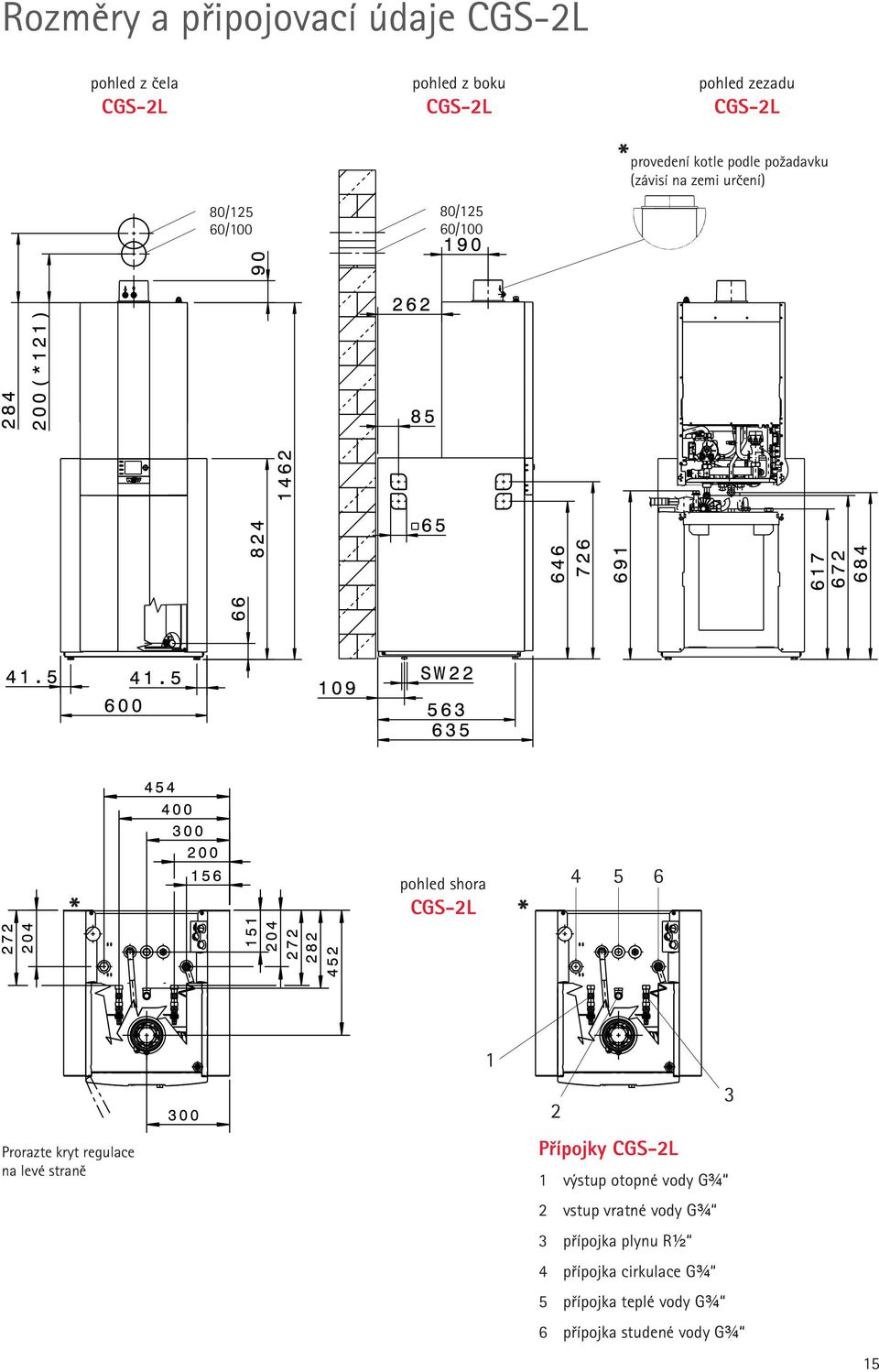 CGS-2L * 4 5 6 1 2 3 Prorazte kryt regulace na levé straně Přípojky CGS-2L 1 výstup otopné vody G¾ 2 vstup