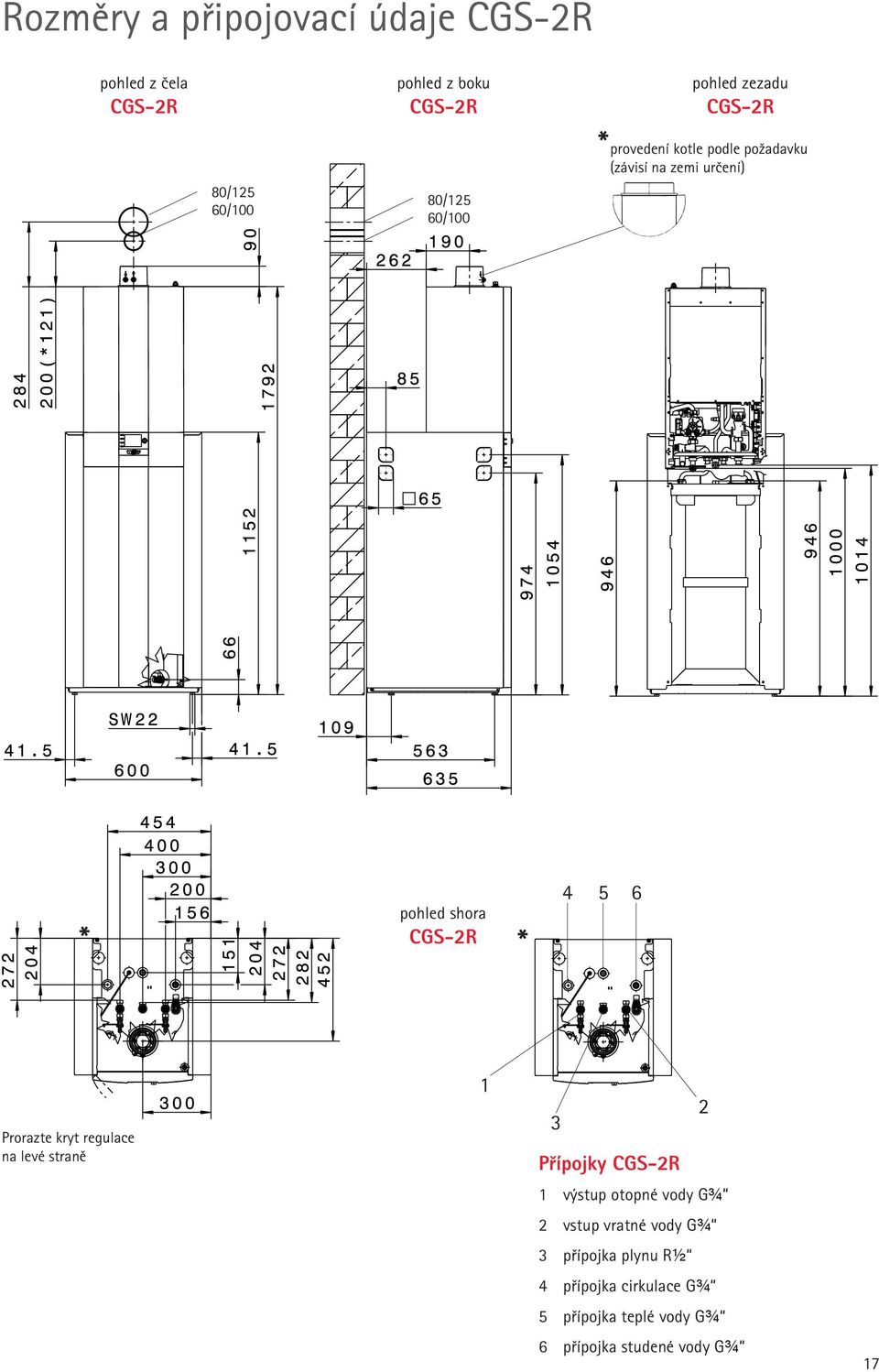 * 4 5 6 Prorazte kryt regulace na levé straně 1 3 Přípojky CGS-2R 2 1 výstup otopné vody G¾ 2 vstup vratné