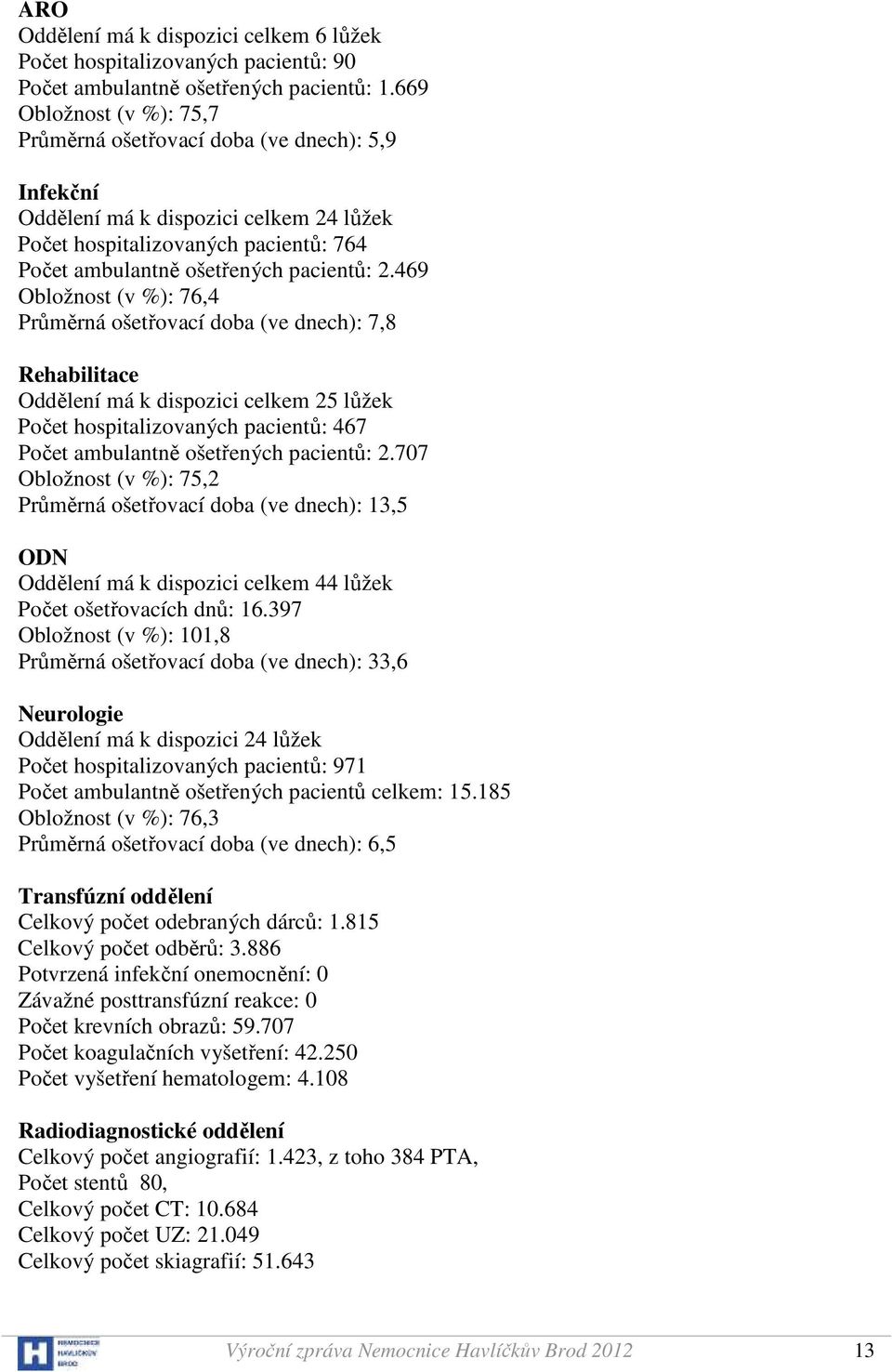 469 Obložnost (v %): 76,4 Průměrná ošetřovací doba (ve dnech): 7,8 Rehabilitace Oddělení má k dispozici celkem 25 lůžek Počet hospitalizovaných pacientů: 467 Počet ambulantně ošetřených pacientů: 2.