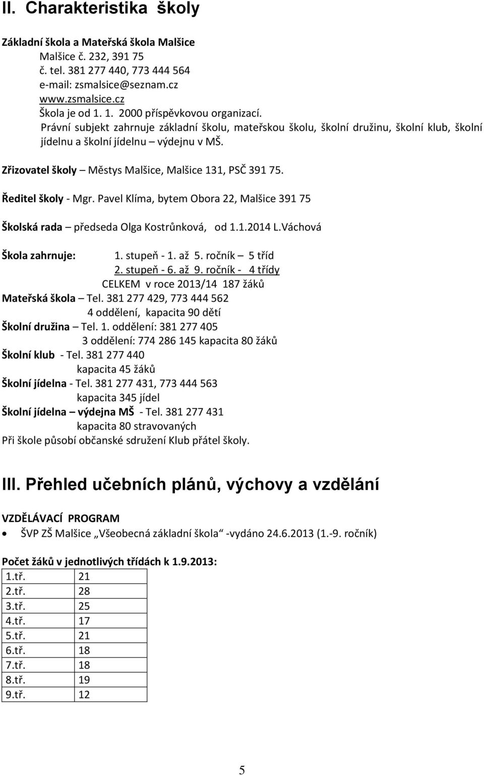 Zřizovatel školy Městys Malšice, Malšice 131, PSČ 391 75. Ředitel školy - Mgr. Pavel Klíma, bytem Obora 22, Malšice 391 75 Školská rada předseda Olga Kostrůnková, od 1.1.2014 L.