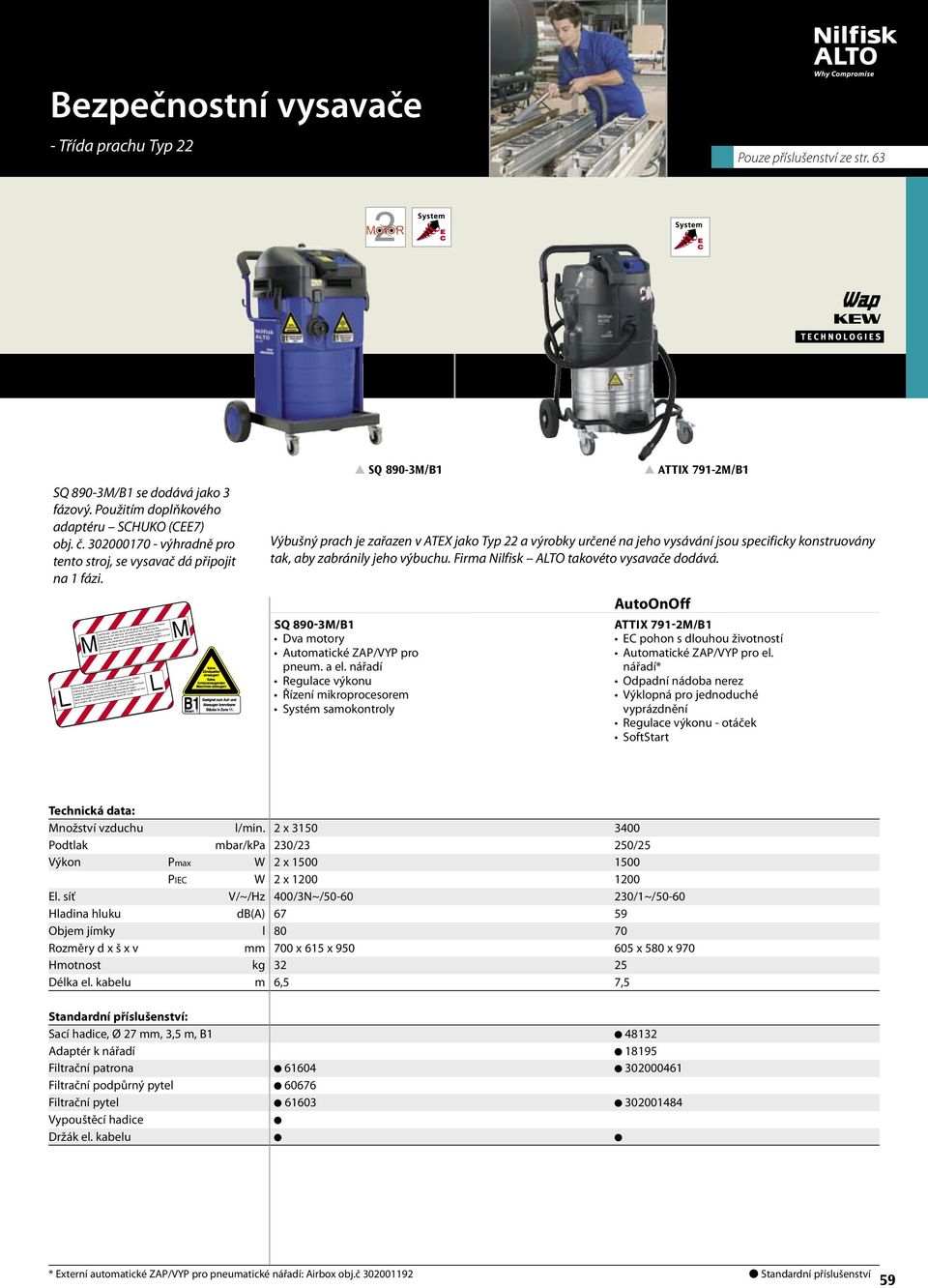 M M L L SQ 890-3M/B1 Výbušný prach je zařazen v ATEX jako Typ 22 a výrobky určené na jeho vysávání jsou specificky konstruovány tak, aby zabránily jeho výbuchu.