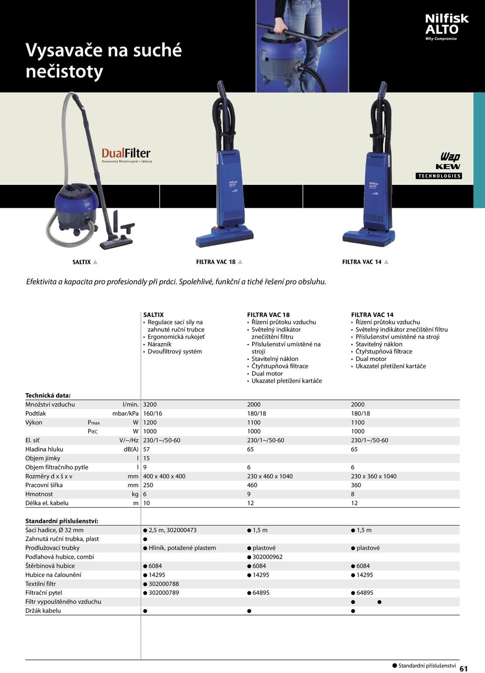 Saltix Regulace sací síly na zahnuté ruční trubce Ergonomická rukojeť Nárazník Dvoufiltrový systém FILTRA VAC 18 Řízení průtoku vzduchu Světelný indikátor znečištění filtru Příslušenství umístěné na
