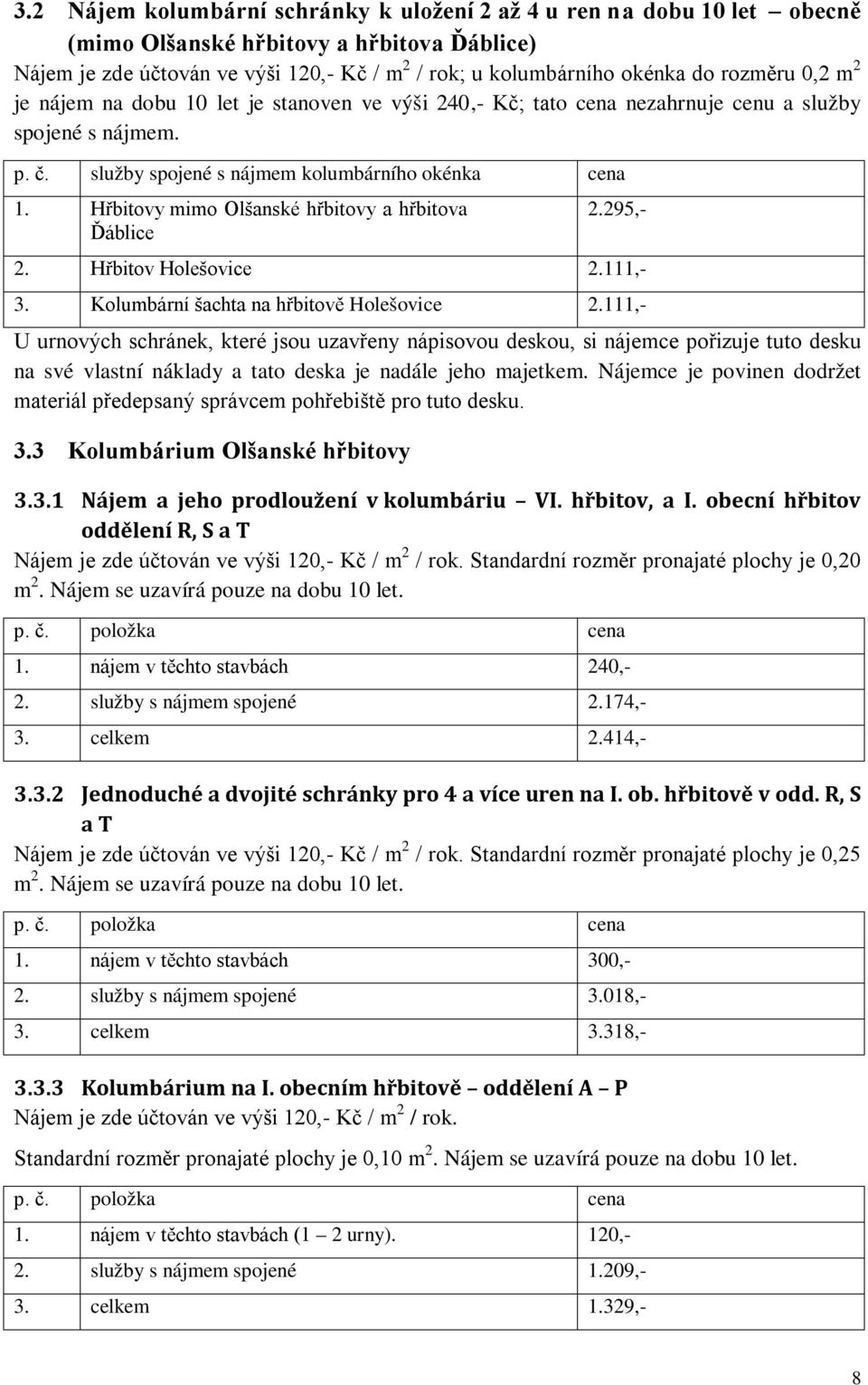 Hřbitovy mimo Olšanské hřbitovy a hřbitova Ďáblice 2.295,- 2. Hřbitov Holešovice 2.111,- 3. Kolumbární šachta na hřbitově Holešovice 2.