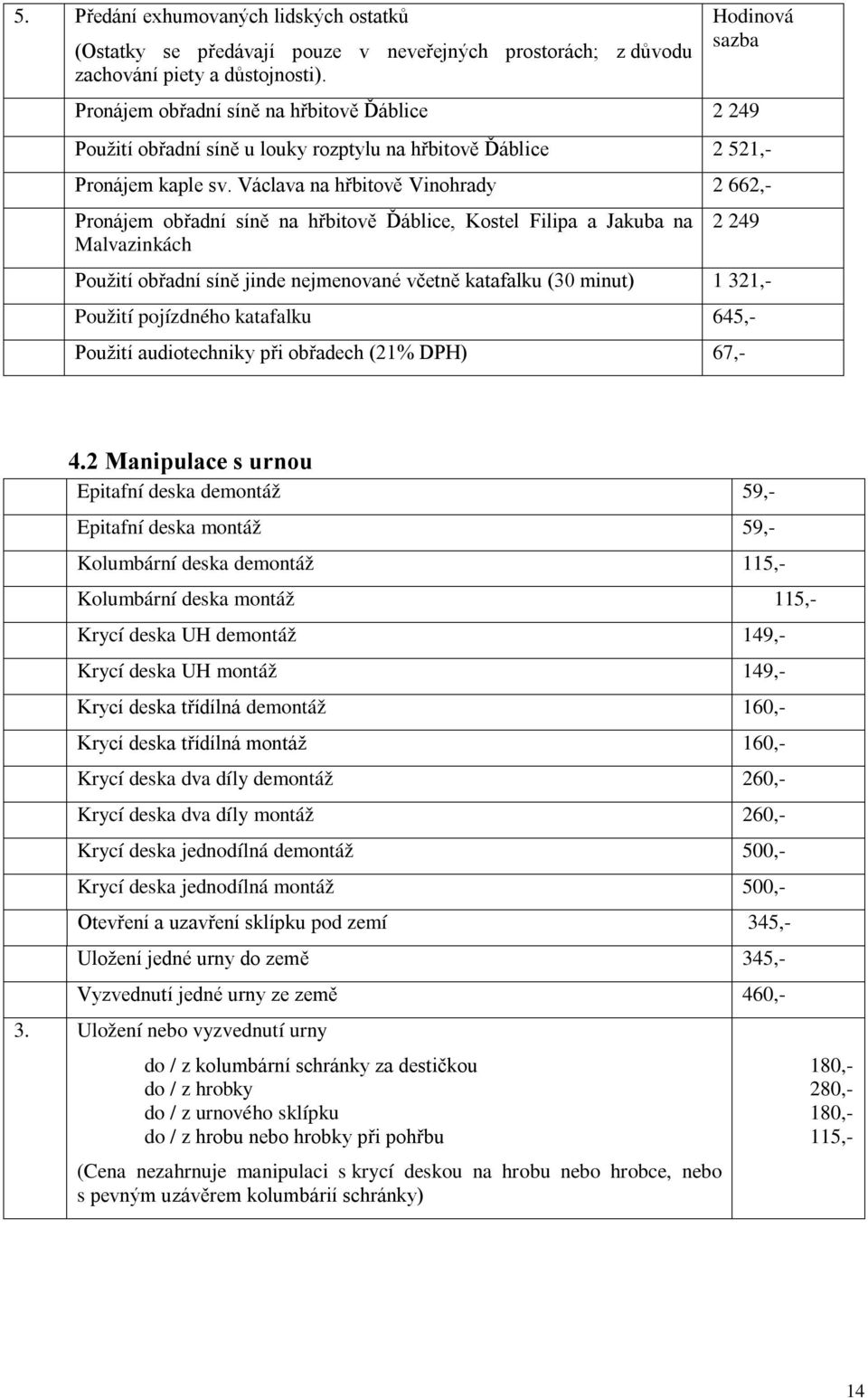 Václava na hřbitově Vinohrady 2 662,- Pronájem obřadní síně na hřbitově Ďáblice, Kostel Filipa a Jakuba na Malvazinkách 2 249 Použití obřadní síně jinde nejmenované včetně katafalku (30 minut) 1