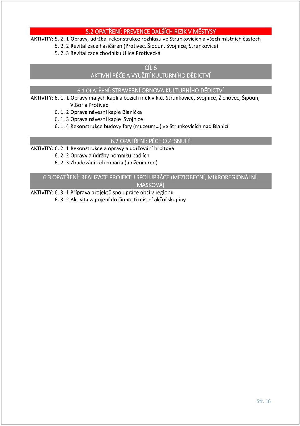 ú. Strunkovice, Svojnice, Žíchovec, Šipoun, V.Bor a Protivec 6. 1. 2 Oprava návesní kaple Blanička 6. 1. 3 Oprava návesní kaple Svojnice 6. 1. 4 Rekonstrukce budovy fary (muzeum ) ve Strunkovicích nad Blanicí 6.