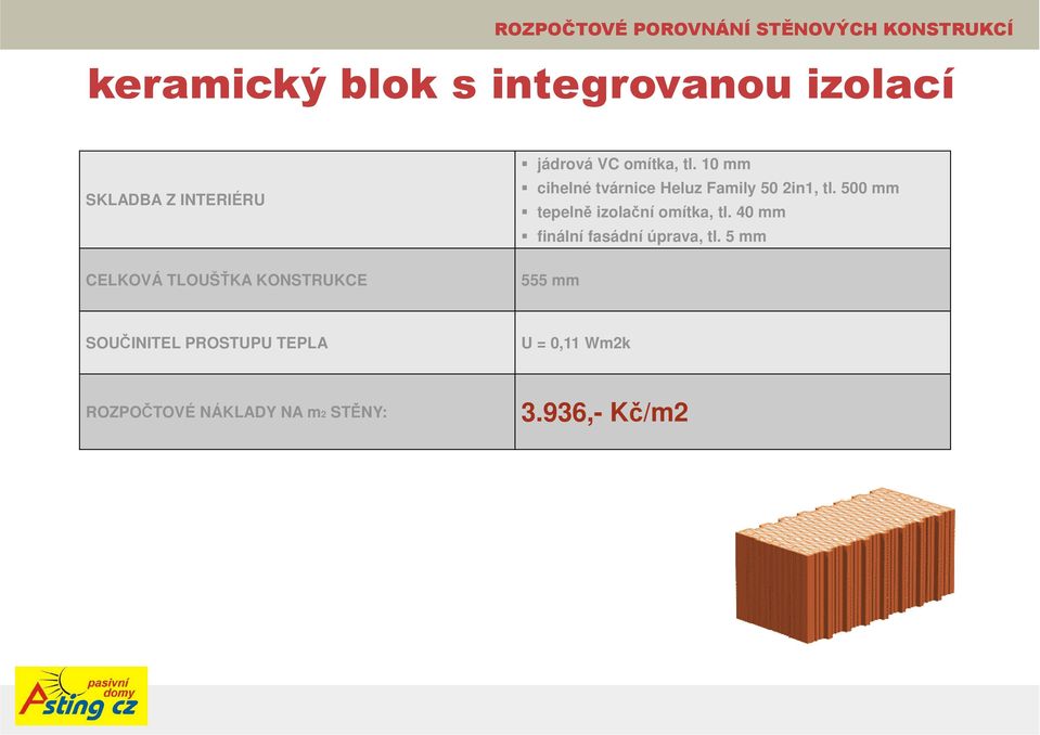 10 mm cihelné tvárnice Heluz Family 50 2in1, tl. 500 mm tepelně izolační omítka, tl.