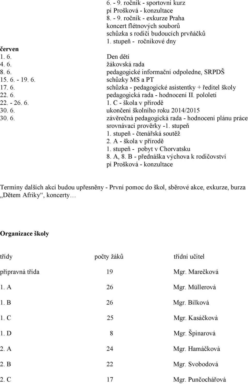 pololetí 22. - 26. 6. 1. C - škola v přírodě 30. 6. ukončení školního roku 2014/2015 30. 6. závěrečná pedagogická rada - hodnocení plánu práce srovnávací prověrky -1. stupeň 1.