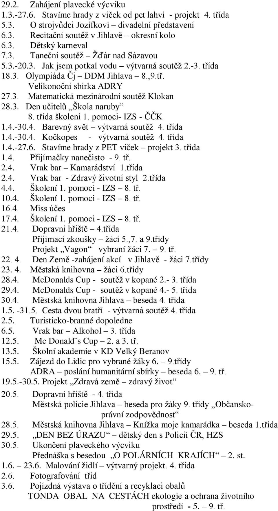 3. Den učitelů Škola naruby 8. třída školení 1. pomoci- IZS - ČČK 1.4.-30.4. Barevný svět výtvarná soutěž 4. třída 1.4.-30.4. Kočkopes - výtvarná soutěž 4. třída 1.4.-27.6.