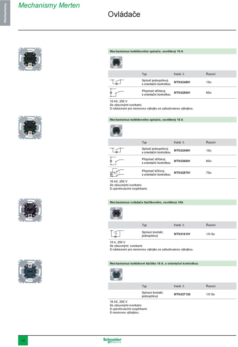 Mechanismus kolébkového spínače, osvětlený 16 A Řazení Spínač jednopólový, s orientační kontrolkou Přepínač střídavý, s orientační kontrolkou MTN324901 MTN326601 1So 6So Přepínač křížový, s