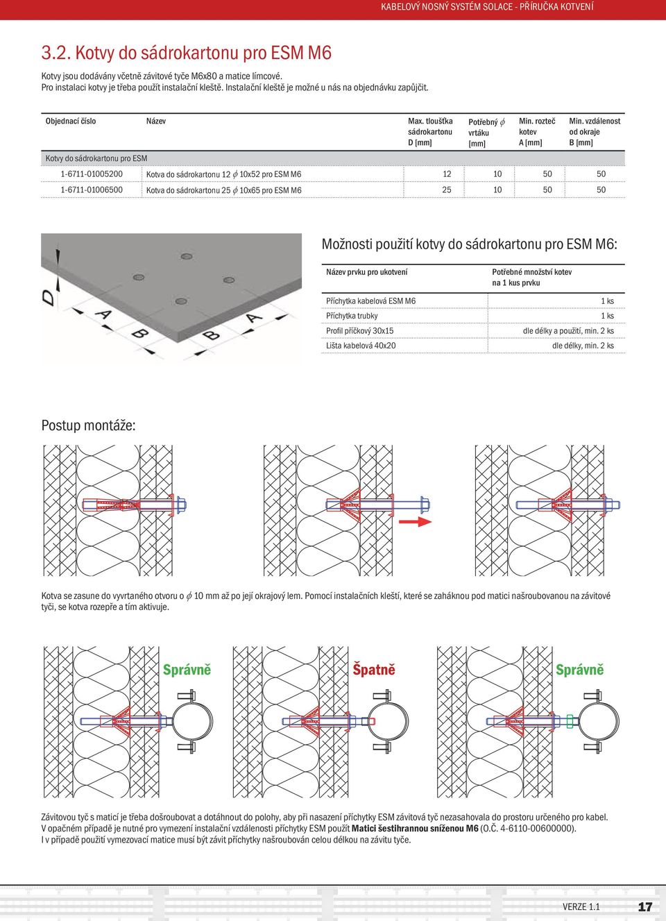vzdálenost od okraje B Kotvy do sádrokartonu pro ESM 1-6711-01005200 Kotva do sádrokartonu 12 φ 10x52 pro ESM M6 12 10 50 50 1-6711-01006500 Kotva do sádrokartonu 25 φ 10x65 pro ESM M6 25 10 50 50