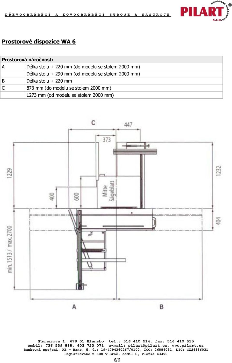 modelu se stolem 2000 mm) B Délka stolu + 220 mm C 873 mm (do