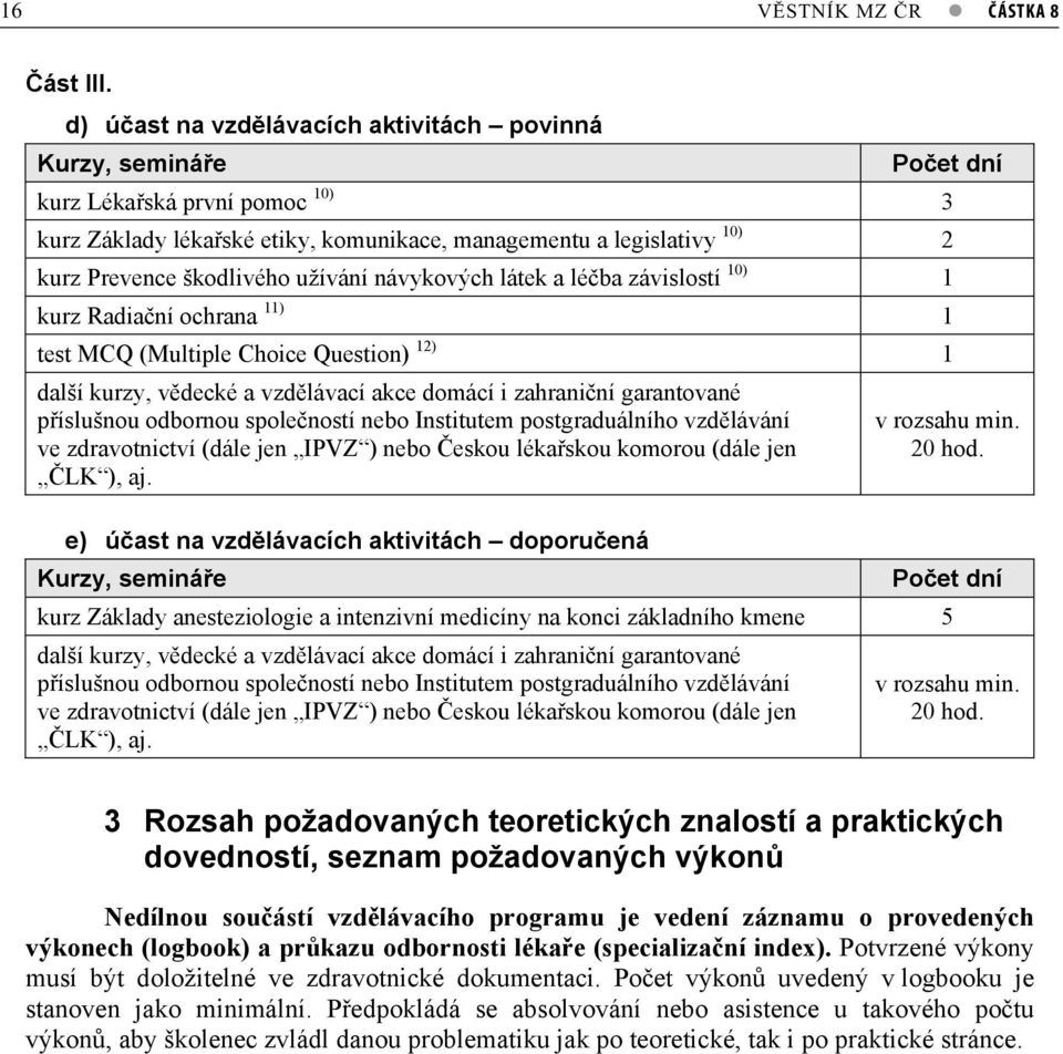 užívání návykových látek a léba závislostí 10) 1 kurz Radianí ochrana 11) 1 test MCQ (Multiple Choice Question) 12) 1 další kurzy, vdecké a vzdlávací akce domácí i zahraniní garantované píslušnou