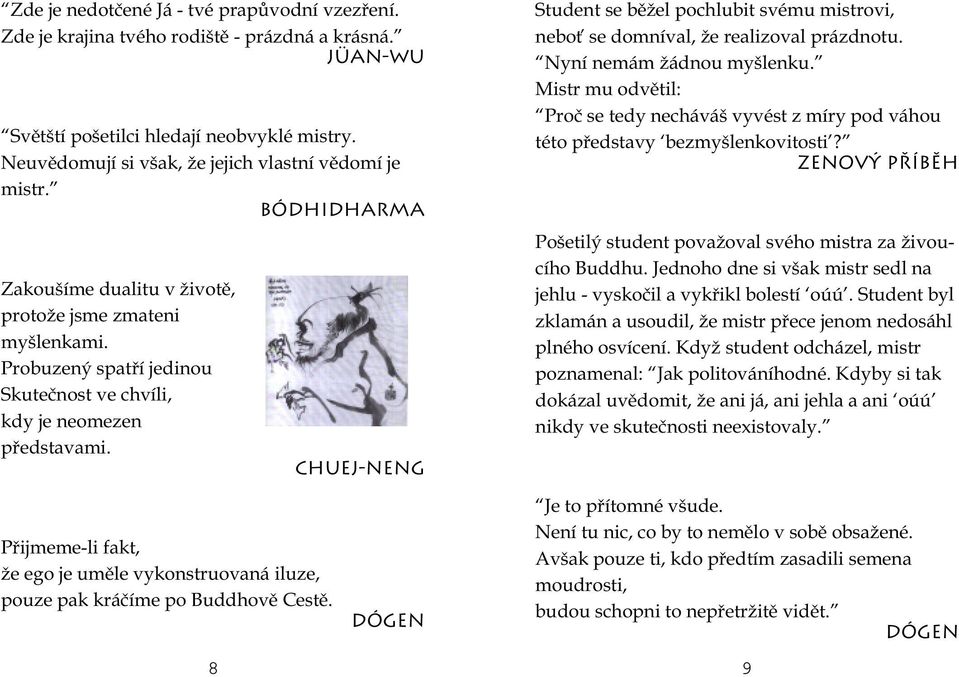 Probuzený spatří jedinou Skutečnost ve chvíli, kdy je neomezen představami. CHUEJ-NENG Student se běžel pochlubit svému mistrovi, neboť se domníval, že realizoval prázdnotu.