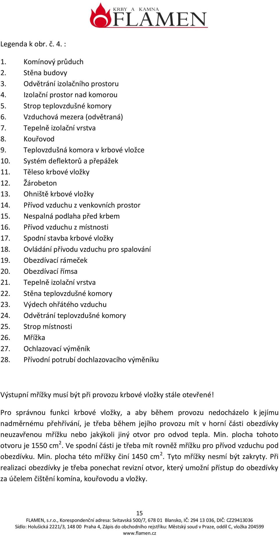 Přívod vzduchu z venkovních prostor 15. Nespalná podlaha před krbem 16. Přívod vzduchu z místnosti 17. Spodní stavba krbové vložky 18. Ovládání přívodu vzduchu pro spalování 19. Obezdívací rámeček 20.