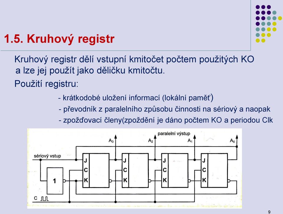 Použití registru: - krátkodobé uložení informací (lokální paměť) - převodník