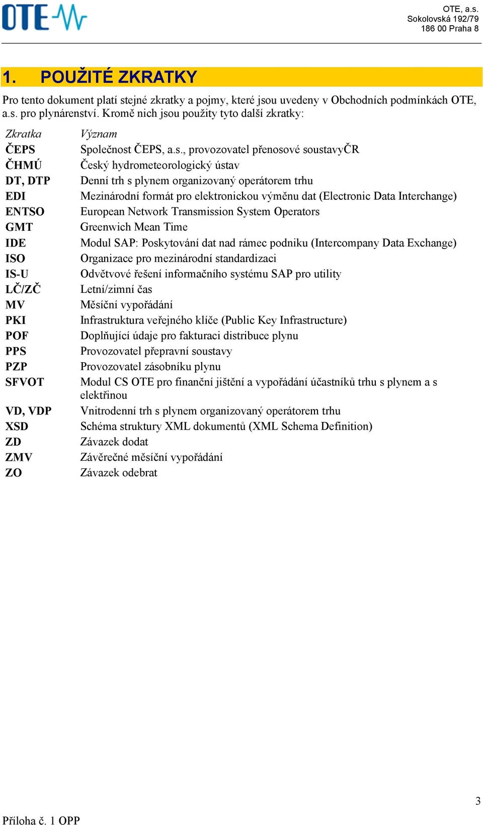 u použity tyto další zkratky: Zkratka ČEPS ČHMÚ DT, DTP EDI ENTSO GMT IDE ISO IS-U LČ/ZČ MV PKI POF PPS PZP SFVOT VD, VDP XSD ZD ZMV ZO Význam Společnost