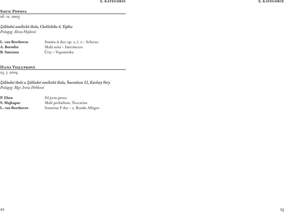 2 Scherzo A. Borodin Malá suita Intermezzo B. Smetana Črty Vzpomínka Hana Vejlupková 23. 7.