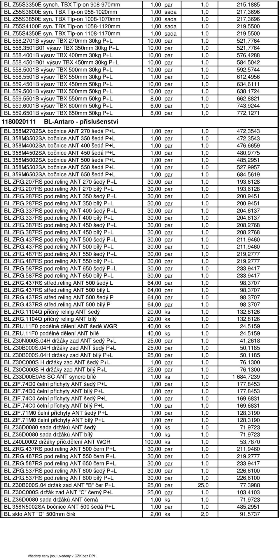 3501B01 výsuv TBX 350mm 30kg P+L 10,00 par 521,7764 BL 558.4001B výsuv TBX 400mm 30kg P+L 10,00 par 576,4288 BL 558.4501B01 výsuv TBX 450mm 30kg P+L 10,00 par 584,5042 BL 558.