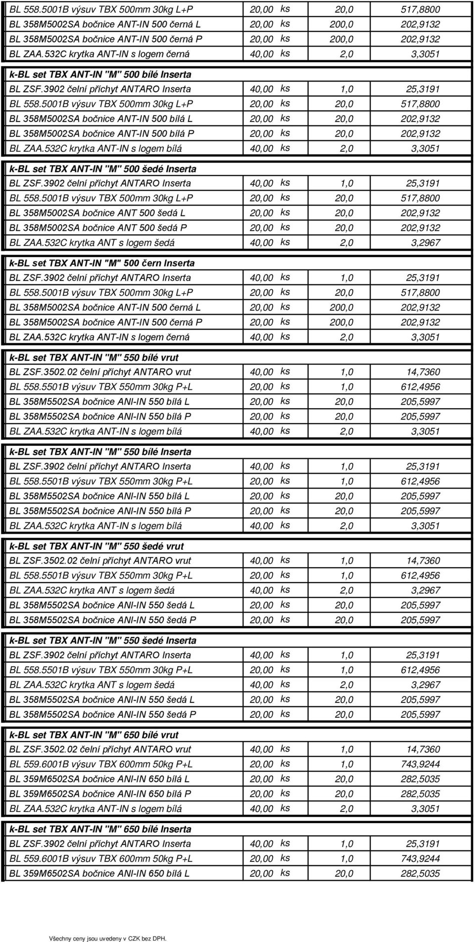 5001B výsuv TBX 500mm 30kg L+P 20,00 20,0 517,8800 BL 358M5002SA bočnice ANT-IN 500 bílá L 20,00 20,0 202,9132 BL 358M5002SA bočnice ANT-IN 500 bílá P 20,00 20,0 202,9132 BL ZAA.